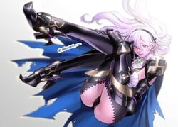 armor black_hairband blue_cape cape closed_mouth corrin_(female)_(nohr_noble)_(fire_emblem) corrin_(fire_emblem) corrin_(fire_emblem)_(female) female fire_emblem fire_emblem_fates full_body hairband high_heels long_hair nintendo platinum_blonde_hair pointy_ears red_eyes simple_background smile solo tombsakura twitter_username white_background