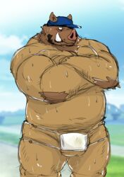 2020 anthro araiguma_11 balls belly blush bodily_fluids brown_body brown_fur clothing facemask fur genitals hat headgear headwear kemono male male_only mammal overweight overweight_anthro overweight_male solo suid suina sus_(pig) sweat wild_boar