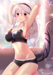 armpits arms_up artist_logo artist_name bad_id bad_pixiv_id bare_legs barefoot black_bra black_panties blush bra breasts chinchongcha cleavage corrin_(fire_emblem) corrin_(fire_emblem)_(female) day dragon_tail female female_protagonist fire_emblem fire_emblem_fates hair_between_eyes hairband highres indoors kneeling large_breasts lens_flare light_particles long_hair looking_at_viewer navel nintendo panties red_eyes signature silver_hair smile solo sports_bra sunlight tail thighs underwear underwear_only