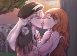 2girls annette_fantine_dominic blonde_hair blush breasts closed_eyes earrings female_only fire_emblem fire_emblem:_three_houses french_kiss kissing large_breasts long_hair mercedes_von_martritz multiple_girls nintendo nipples orange_hair outdoors post-timeskip saliva senmura senmuts sunlight sunset sweat tongue tongue_out yuri