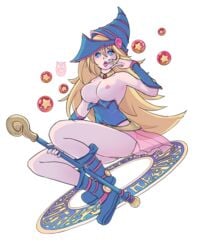 absurdres armpits blonde_hair blue_dress blue_eyes boots breasts dark_magician_girl dress hat highres mr_mlemkins_(artist) nude open_mouth pussy spell thighs tongue tongue_out weapon white_background witch witch_hat yu-gi-oh! yuu-gi-ou