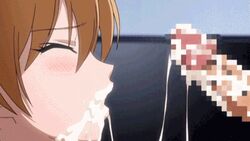 1boy 1girls animated blonde_hair blowjob blush censored censored_penis cum cum_in_mouth cum_on_face cum_on_lips cum_on_penis cum_overflow cum_string ejaculation fellatio gif kakushi_dere mosaic_censoring nonoura_nonoka oral orgasm pashmina pubic_hair