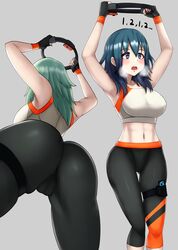 1girls 2020 absurdres alternate_costume arms_up ass ass_focus big_ass bimbo black_gloves blue_eyes blue_hair blush breast_focus breasts butt_focus byleth_(fire_emblem) byleth_(fire_emblem)_(female) clothing dat_ass dialogue electronics female fingerless_gloves fire_emblem fire_emblem:_three_houses from_behind game_controller gloves green_hair grey_background gupunetsu highres holding joy-con large_breasts leg_strap legwear long_hair multiple_views nintendo open_mouth pilates_ring png ring_fit_adventure ringcon_controller simple_background skintight solo sports_bra sportswear sweaty text thick_ass thighband white_skin yoga_pants