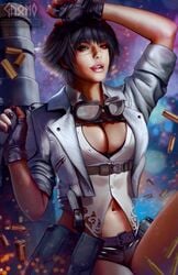 black_hair black_nails black_shorts blurry blurry_background breasts bullet cleavage cropped_jacket dasgnomo devil_may_cry devil_may_cry_5 embers female fingerless_gloves gloves gnomo_del_bosque hand_on_own_head heterochromia highres jacket kalina_ann_(weapon) lady_(devil_may_cry) licking_lips looking_at_viewer nail_polish navel scar short_hair short_shorts shorts solo stomach teeth tongue tongue_out white_jacket