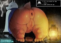 anthro anus boss_monster bovid caprine dialogue feet female genitals goat hi_res inviting inviting_to_facesit lantern mammal overweight overweight_anthro overweight_female pawpads plump_labia pubes puffy_anus pussy raining solo text toriel undertale video_games zexyprof