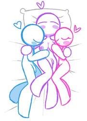 1boy 1futa 1girls areola areolae bed blush breasts cute eyelashes female flaccid futanari heart hug hugging male screwroot simple_background sleeping stickfigure stickman