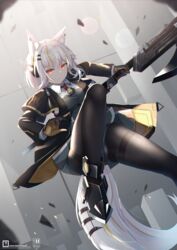 2020 action_pose angry animal_humanoid blonde_highlights breasts cameltoe canid canid_humanoid clothing female hi_res highlights_(coloring) humanoid jacket mammal mammal_humanoid melee_weapon mirufuaa pose solo topwear weapon yellow_eyes