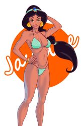 aladdin aqua_bikini aqua_panties aqua_swimsuit arabian bare_shoulders bikini bracelet breasts brown_eyes clothing contrapposto curvaceous curvy_figure dark-skinned_female dark_skin disney disney_princess earrings female female_focus golden_earrings hand_behind_head hand_on_hip high_resolution indian jewelry large_breasts legs light_brown_eyes lipstick long long_hair long_ponytail makeup midriff navel pantsu pin-up pink_lipstick ponytail princess_jasmine r3ydart royal shiny_skin smiling smiling_at_viewer standing string_bikini swimsuit tied_hair underwear very_long_hair