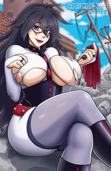 1girls big_breasts black_hair blue_eyes cloud female female_only hero_outfit_(mha) lipstick long_hair looking_at_viewer marmewa mask mature_female midnight_(my_hero_academia) my_hero_academia nemuri_kayama red_lips red_lipstick ripped_clothing sky solo solo_female squished_breasts tagme tights