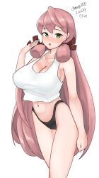 absurdres akashi_(kantai_collection) black_panties blunt_tresses breasts cleavage cowboy_shot female green_eyes hair_ribbon highres kantai_collection large_breasts long_hair maru_(marg0613) navel one-hour_drawing_challenge panties pink_hair ribbon simple_background solo standing tank_top tress_ribbon underwear white_background white_tank_top