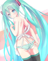 adjusting_clothes adjusting_panties apron ass big_ass blue_eyes blue_hair blush clothed embarrassed embarrassed_nude_exposure gumo hatsune_miku long_twintails looking_at_viewer looking_back panties striped striped_panties stripes thighhighs twintails undressing vocaloid