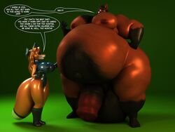 2019 3d animal_genitalia animal_penis anthro anthroanim balls big_balls big_breasts big_penis breasts canid canine dialogue digital_media_(artwork) duo english_text equid equine equine_penis female fox front_view genitals green_background hair horse huge_balls huge_cock hyper hyper_balls hyper_genitalia hyper_penis long_hair male mammal nipples obese obese_anthro obese_male overweight overweight_anthro overweight_male penis rubber_fox_lady simple_background speech_bubble standing text wide_hips