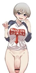 1futa big_breasts big_penis blush bottomless bow_(bhp) censor_bar censored clothed clothing flaccid futa_only futanari grey_hair huge_cock large_breasts large_penis pale-skinned_futanari pale_skin shirt short_hair smile solo_futa thick_penis thighs uzaki-chan_wa_asobitai! uzaki_hana white_background