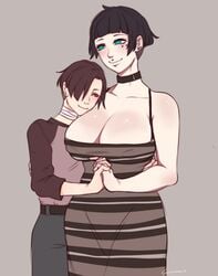 1boy 1futa ass bandage big_ass big_breasts black_hair breasts brown_hair clothed clothing erika_(gyarusatan) fully_clothed futanari goth green_eyes gyarusatan hair hand_holding larger_futanari lev_(gyarusatan) love male piercing red_eyes size_difference smaller_male