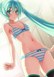 1girls blue_eyes blue_hair blue_striped_bra blue_striped_panties blush blushing_at_viewer bra hatsune_miku looking_at_viewer panties shimashima_salmon solo_female solo_focus striped striped_panties stripes twintails underwear underwear_only vocaloid young