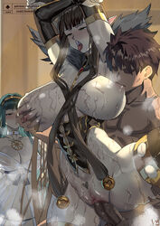 1boy 2girls armpits arms_behind_head arms_up bangs bare_shoulders black_leotard blunt_bangs blush breast_grab breast_sucking breasts bridal_gauntlets brown_hair censored cleavage cleopatra_(fate) club3 collar covered_nipples detached_collar detached_sleeves dress earrings fate/apocrypha fate/grand_order fate_(series) fujimaru_ritsuka_(male) fur_collar gold_trim grabbing green_eyes green_hair hairband highleg highleg_leotard hoop_earrings jewelry large_breasts leotard long_hair looking_at_viewer multiple_girls nanaya_(daaijianglin) nipples nude open_mouth pendant penis pointy_ears pussy semiramis_(fate) sex short_hair shower_(place) sidelocks skindentation slit_pupils straight thighhighs thighs tongue tongue_out vaginal_penetration very_long_hair wet wet_clothes white_dress yellow_eyes