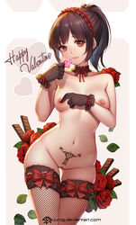 :3 areolae brown_eyes brown_hair censored chocolate condom condom_wrapper eyebrows_visible_through_hair female fishnet_stockings gloves hairband happy_valentine heart highres hips holding holding_condom jurrig leaf leaves mosaic_censoring navel neck_ribbon nipple_piercing nipples nude original piercing pink_lips ponytail pubic_hair pubic_tattoo pussy red_bow red_flower red_hairband red_neckwear red_ribbon red_rose ribbon rose sabotaged_condom safety_pin short_hair short_ponytail sidelocks skindentation small_breasts solo solo_female stomach tattoo thigh_gap thighhighs tied_hair valentine's_day watermark web_address wide_hips womb_tattoo