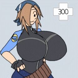 1:1 1girls ammo_belt animated bandana big_breasts breast_expansion chocolate clothed eating expansion female fingerless_gloves hand_on_hip health_bar heavy_weapons_gal heavy_weapons_guy inflation looking_at_breasts matsu-sensei medium_hair rule_63 simple_background solo solo_female team_fortress_2 video_game_character video_game_mechanics