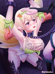 amezuku armpits arms_up big_breasts blonde_hair bondage butterfly_wings chained chains cleavage crying drill_hair elf elf_ears fairy fire_emblem fire_emblem_heroes flower hand_on_head head_pat kneeling large_breasts multicolored_hair nintendo orange_hair out_of_frame peony_(fire_emblem) pointy_ears purple_eyes restrained ripped_clothing tears thorns torn_clothes triandra_(fire_emblem) wings yuri