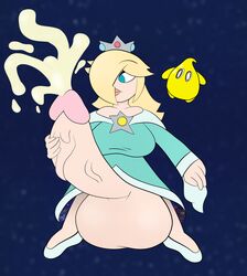 1futa blonde_hair blue_dress blue_eyes crown cum cumshot dress futanari galaxy holding_penis hyper_penis large_balls luma mario_(series) nintendo penis princess_rosalina semen shocked solo_futa space stars super_mario_galaxy terebision testicles unamused veins