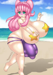 1futa anzu_kuniyoshi beach bikini_bottom blush bulge commission curvaceous curvy full-package_futanari futa_only futanari green_eyes hiromin large_ass large_breasts large_penis long_hair looking_at_viewer nipple_bulge nirriti original_character pasties pink_hair running star_pasties twintails voluptuous