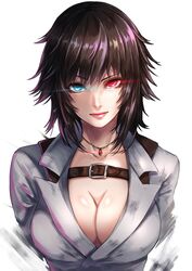 1girls absurdres bangs belt_buckle black_hair blue_eyes breasts buckle cleavage closed_mouth collarbone devil_may_cry devil_may_cry_4 facial_scar female glowing glowing_eyes heterochromia highres lady_(devil_may_cry) large_breasts looking_at_viewer medium_hair necklace nose_scar pink_lips re_(re_09) red_eyes scar simple_background solo solo_female upper_body white_background