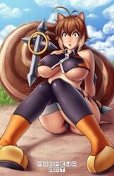 animal_ears big_breasts blazblue brown_eyes brown_hair makoto_nanaya marmewa pantyshot_(sitting) tagme thighhighs underboob