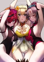 3girls blonde_hair breasts butterfly_wings drill_hair elf elf_ears facial_mark fairy fire_emblem fire_emblem_heroes flower gupunetsu huge_breasts large_breasts leotard multicolored_hair nintendo no_panties orange_hair peony_(fire_emblem) plumeria_(fire_emblem) pointy_ears silver_hair triandra_(fire_emblem) wings