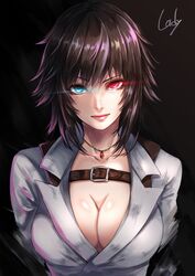 absurdres bangs belt_buckle black_hair blue_eyes breasts buckle cleavage closed_mouth collarbone commentary_request devil_may_cry devil_may_cry_4 facial_scar female glowing glowing_eyes heterochromia highres lady_(devil_may_cry) large_breasts looking_at_viewer medium_hair nose_scar pink_lips re_(re_09) red_eyes scar simple_background solo upper_body