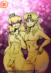 2018 2boys a_link_between_worlds a_link_to_the_past arm_around_shoulders balls blonde blonde_hair blue_eyes crown death_battle earrings femboy genderswap genderswap_(ftm) girly long_hair looking_at_viewer male male_focus male_only mario_(series) multiple_boys naked nintendo nipples nude nude_male onat onatart patreon penis princess_peach princess_zelda purple_background red_eyes rule_63 simple_background smile smiling smiling_at_viewer standing the_legend_of_zelda trap video_games watermark zelda_(a_link_between_worlds) zelda_(a_link_to_the_past)