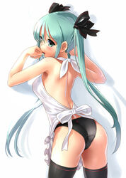 apron ass big_ass black_panties blue_eyes blue_hair finger_to_mouth hatsune_miku katahira_masashi looking_at_viewer looking_back panties solo_female thighhighs twintails vocaloid white_background