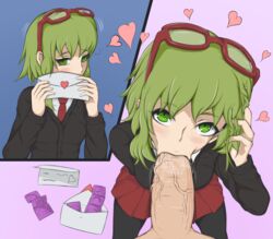 1girls :>= artist_request blowjob blowjob_face condom_wrapper female female_focus glasses glasses_on_head green_eyes green_hair gumi megpoid megpoid_gumi oral oral_sex penis saliva school_uniform vocaloid