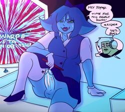 1futa 1girls aquamarine_(steven_universe) big_lips blue_hair blue_skin cartoon_network clothed clothing comic fully_clothed futa_only futadom futanari gem_(species) gem_fusion glowing_eyes imminent_sex looking_at_viewer no_panties sharp_teeth short_hair skirt smile solo_futa space steven_universe thighhighs topaz_(steven_universe) unusual_pupils upskirt wolf_glade