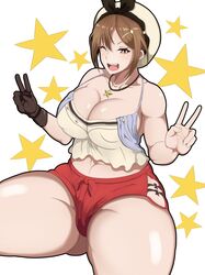 1girls atelier_(series) atelier_ryza big_breasts brown_eyes brown_hair gloves hat huge_thighs one_eye_closed oryuto pale-skinned_female pale_skin reisalin_stout shorts thick_thighs tight_clothing voluptuous wide_hips wink