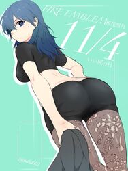 aqua_background ass black_shorts blue_eyes blue_hair byleth_(fire_emblem) byleth_(fire_emblem)_(female) copyright_name crop_top dated expressionless female fire_emblem fire_emblem:_three_houses fishnet_legwear fishnets from_behind ijiro_suika looking_back medium_hair midriff pantyhose short_shorts shorts simple_background solo