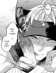 2boys ahoge black_and_white blush cum_on_penis dialogue echo_jiro english_text gay hand_on_penis japanese_text penis_lick penis_on_face pov pubic_hair sweat text visor_cap yaoi