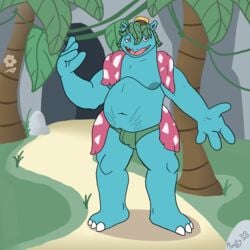 anthro baron_montesque briefs bulge clothing elemental_creature flora_fauna flower hi_res holding_out_hand leaf male navel nintendo nipples outstretched_arm overweight overweight_anthro overweight_male plant pokémon_(species) pokemon pokemon_rgby red_eyes reptile scalie smile solo stretch_marks tree underwear venusaur video_games vines