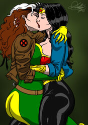 2girls anna_marie ass big_breasts black_hair breast_press brown_hair cleavage closed_eyes crossover curvy dc dc_comics death_battle female female_only huge_breasts jacket kaywest kissing large_ass legs_tied marvel marvel_comics red_lipstick rogue_(x-men) tiara wonder_woman wonder_woman_(series) x-men yuri