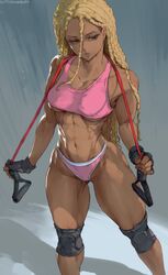 2d abs absurdres artist_name blonde_hair braids breasts brown_eyes cutesexyrobutts dark-skinned_female dark_skin female female_focus female_only gym_equipment gym_uniform muscles muscular_female muscular_thighs navel original solo thong toned watermark