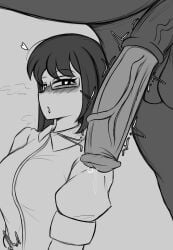 1boy 1girls animal_genitalia aroused balls beastiality big_balls big_breasts big_penis blush breasts clothed_female collared_shirt female glasses heart_eyes horse horsecock male monochrome penis rachelultrakill self_insert turned_on zoophilia