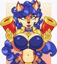 badge bangs beauty_mark belly_button big_breasts blue_hair breasts canine carmelita_fox choker colored crop_top cropped_image curvy curvy_figure daxzor earring edit female female_only fox gun hourglass_figure large_breasts lipstick looking_at_viewer lowres mole mole_under_eye navel no_humans officer orange_fur shock_pistol sly_cooper_(series) smooth_fur sucker_punch_productions thong voluptuous wavy_hair yellow_eyes zipper zipper_pull_tab