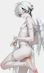 1boy 1femboy ai_generated angel angel_boy angel_wings ariel_(protocat) armwear ass bare_legs bare_shoulders barefoot blue_eyes crossdressing crossdressing_male cute cute_face femboy femboy_focus feminine feminine_faced_male feminine_male flat_chest gay loincloth male multicolored_hair nipple_bulge pale-skinned_femboy pale-skinned_male pale_skin panties protocat ribs sheer sheer_clothing side_view simple_background skinny small_ass small_waist smile smiling smiling_at_viewer solo solo_femboy thigh_strap thighs thin thin_waist white_hair wings yaoi