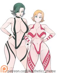 2girls abs aestheticc-meme female female_only goth goth_nora_valkyrie green_hair green_lipstick huge_breasts large_breasts lipstick multiple_girls muscular_female naughty_face nora_valkyrie rwby seductive seductive_smile skimpy sling_bikini smile swimsuit thick_thighs