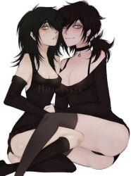 ashley_graves ass breasts clothed female flirty julia_(the_coffin_of_andy_and_leyley) kilbit legs_together looking_at_viewer off_shoulder on_side sitting small_breasts the_coffin_of_andy_and_leyley yuri