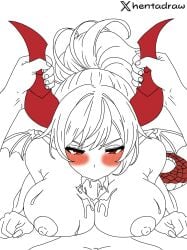 1girl1boy big_breasts blush blush_lines blushing_female breasts breasts_out completely_naked completely_naked_female completely_nude completely_nude_female cum cum_in_mouth cum_on_breasts dick_between_breasts dragon_girl dragon_girl_(project_qt) dragon_horns dragon_tail dragon_wings female grabbing_horns hentadraw horns kinktober kinktober_2025 large_breasts long_hair long_hair_female male naked naked_female nipples nude nude_female oral oral_sex penis pointy_ears project_qt red_eyes sketch sucking_dick sucking_penis