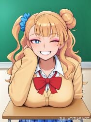 ;\\\\\\\\\\\\\\\\) ai_generated asymmetrical_hair bangs blonde_hair blue_eyes blue_scrunchie blunt_bangs blush bow bowtie breast_rest breasts breasts_on_table bright_pupils cardigan chalkboard classroom collared_shirt desk earrings eyeliner eyeshadow female galko grin gyaru hair_bun hair_ornament hair_scrunchie head_rest indoors jewelry juliatitusart kogal large_breasts long_hair long_sleeves looking_at_viewer makeup one_eye_closed one_side_up plaid plaid_skirt pleated_skirt red_bow school_desk school_uniform scrunchie shirt single_hair_bun single_side_bun sitting skirt smile solo stud_earrings teeth watermark