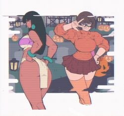 2girls 7_passes ass bangle big_breasts black_hair black_hair_female bracelet breasts brown_hair chel chel_(the_road_to_el_dorado) collage cropped_legs crossover dark_skin female female_only glasses halloween hand_on_hip jewelry large_breasts lips long_hair looking_at_viewer multiple_females multiple_girls scooby-doo short_hair skirt sweater tagme the_road_to_el_dorado thighhighs thighs v velma_dinkley voluptuous voluptuous_female