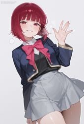 ai_generated arima_kana arm_at_side black_sweater_vest black_vest blue_jacket blunt_bangs blush bob_cut bow bowtie breasts clothing collared_shirt cropped_jacket dmk_meow dress_shirt female grey_skirt grin hand_up inverted_bob jacket long_sleeves looking_at_viewer medium_breasts medium_hair open_clothes open_jacket oshi_no_ko parted_lips pink_bow pink_bowtie pleated_skirt red_eyes red_hair school_uniform shirt short_hair skirt smile solo sweat thighs uniform vest waving white_shirt youtou_high_school_uniform