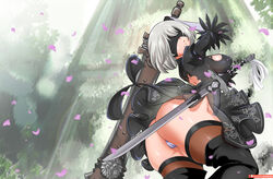 android bayeuxman big_breasts blindfold breasts clothed_female female female_focus female_only nier nier:_automata short_hair solo solo_female solo_focus white_hair yorha_2b