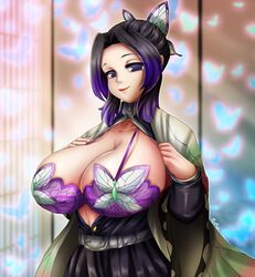 1girls big_breasts black_hair bra butterfly_hair_ornament butterfly_lingerie demon_slayer female fenrox hair_ribbon haori huge_breasts kimetsu_no_yaiba kochou_shinobu large_breasts lingerie pale-skinned_female pale_skin presenting presenting_breasts purple_eyes purple_hair solo two_tone_hair unusual_pupils